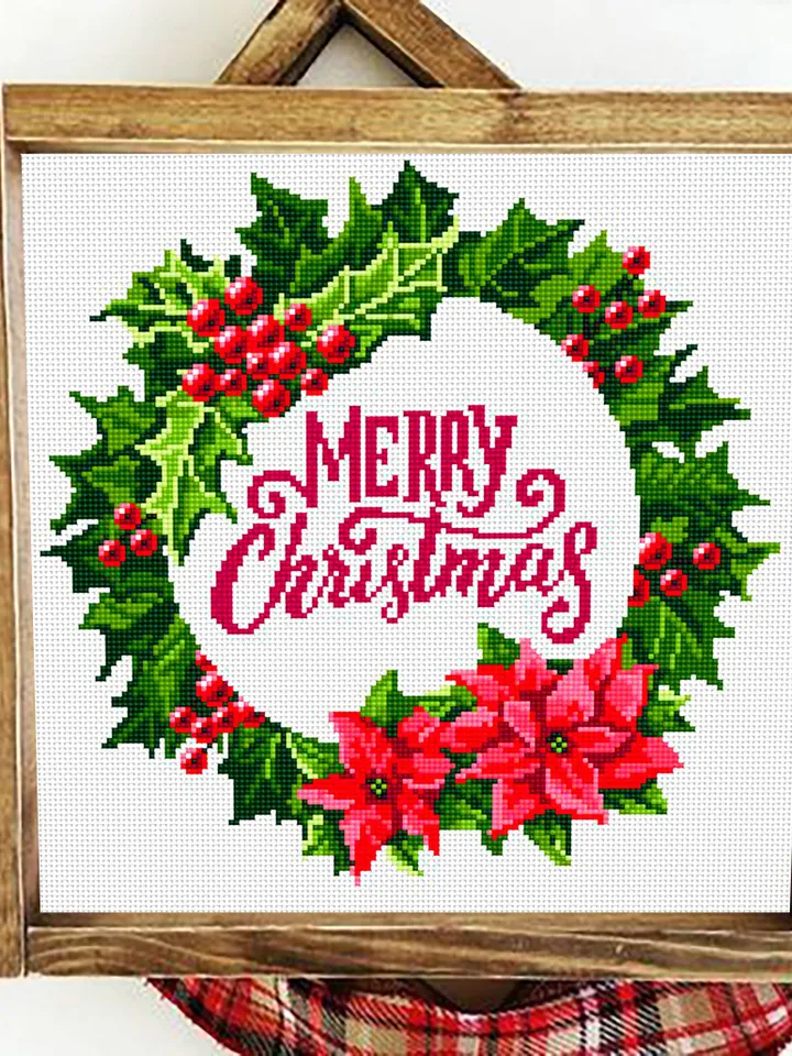 Christmas wreath cross stitch pattern PDF Poinsettia wreath cross stitch chart, Holiday cross stitch Instant download PDF, Holly berry #N17