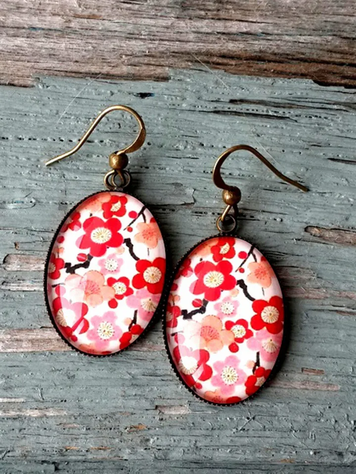 Red flowers earrings dangle, Floral Pattern cabochon dangle earrings
