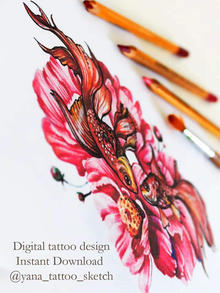Goldfish Tattoo Design Two Goldfish Tattoo Sketch Two Fish Tattoo Idea. Instant download JPG, PNG