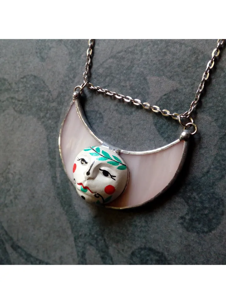 Stained glass moon, Moon Goddess, Moon phase necklace, Stainglass crescent, Full moon pendant, Moon face necklace