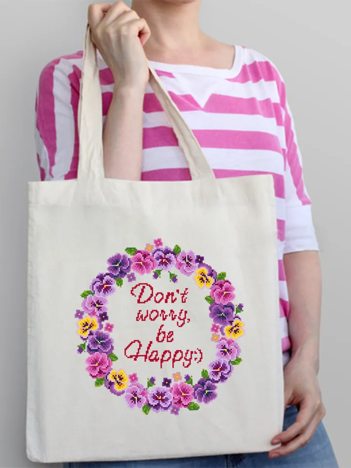 Framed quote cross stitch pattern PDF download Dont worry be happy, Flower wreath cross stitch chart, Floral frame cross stitch, Violet #Q32