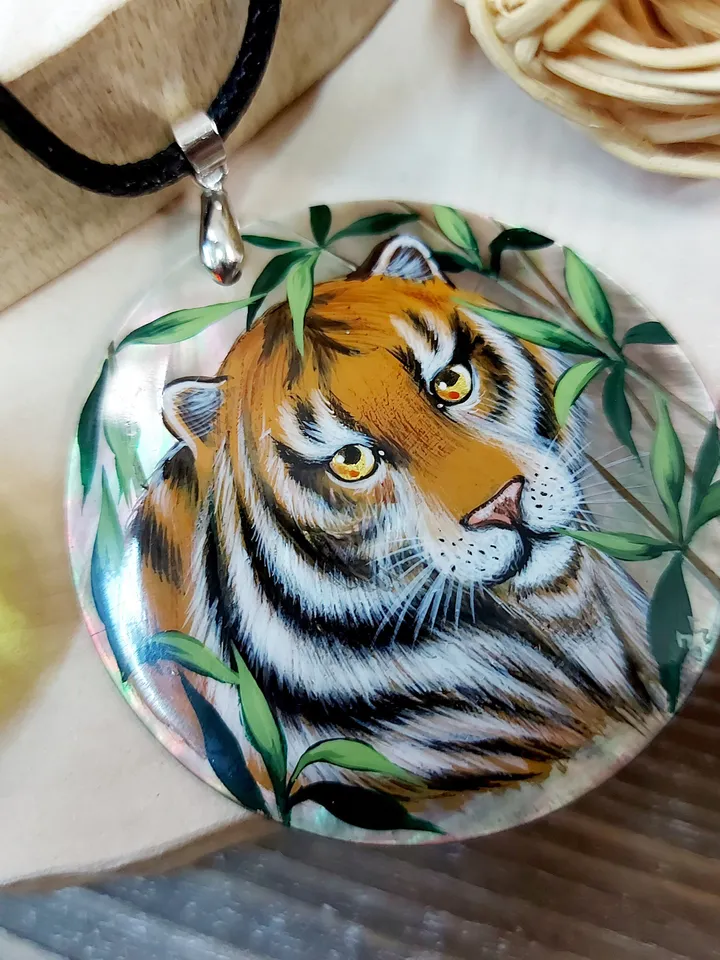 Pendant "Tiger" Mother-of-pearl Hand-painted Summer jewelry Russian jewelry magic of painting fine art jewelry Fedoskino Gift Collectible