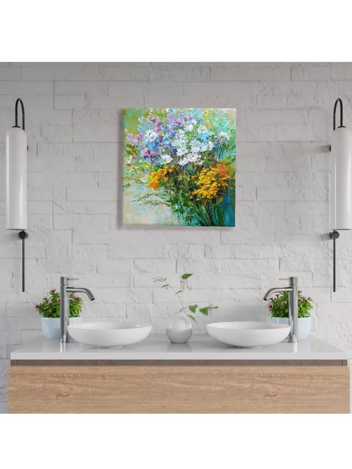 Oil Painting Bouquet Chamomile Flowers Original Artwork Canvas Wall Art Impasto Wild Flowers Painting 12 by 12 inches by Elena