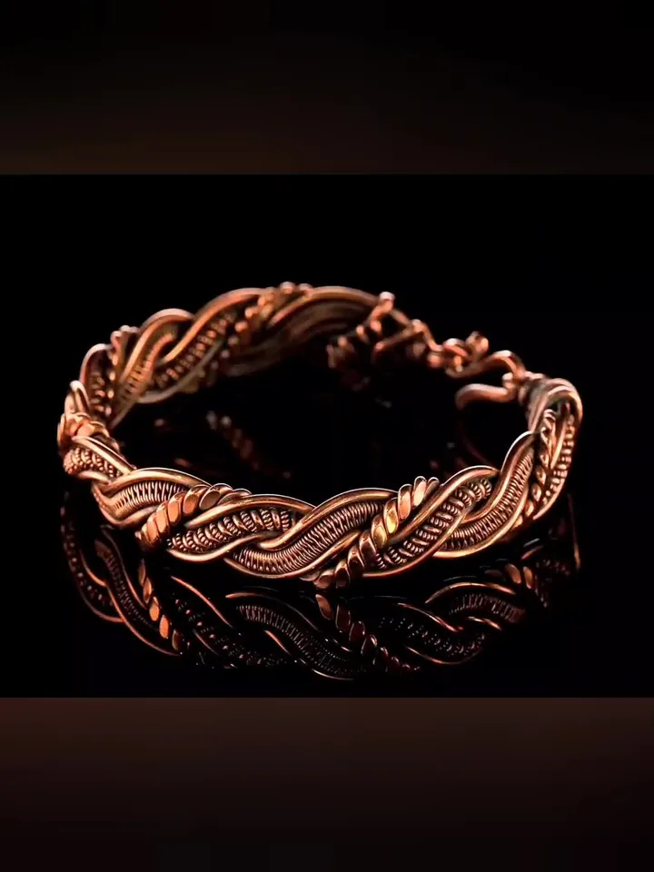Wire wrapped bracelet, Unique 7th 22nd Anniversary gift idea, Art Nouveau antique style, One of kind braided statement bangle, Handmade oxidized pure copper jewelry, Pain relief, EMF protection