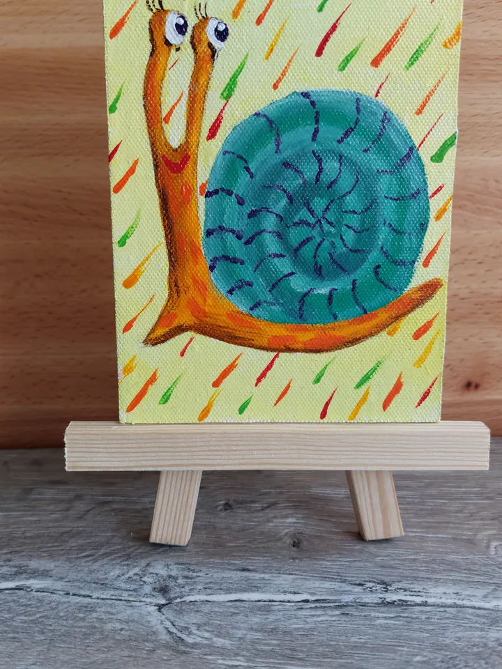 Mini painting with the image of the "Happy Snail", Original design, Painting on the panel