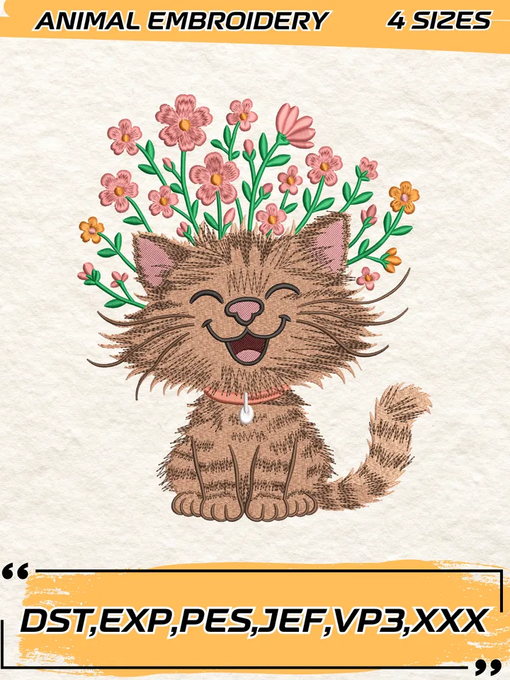 Cat Flower Embroidery Design,Animal Embroidery Design, Cat Design,4 Sizes,Digital Download