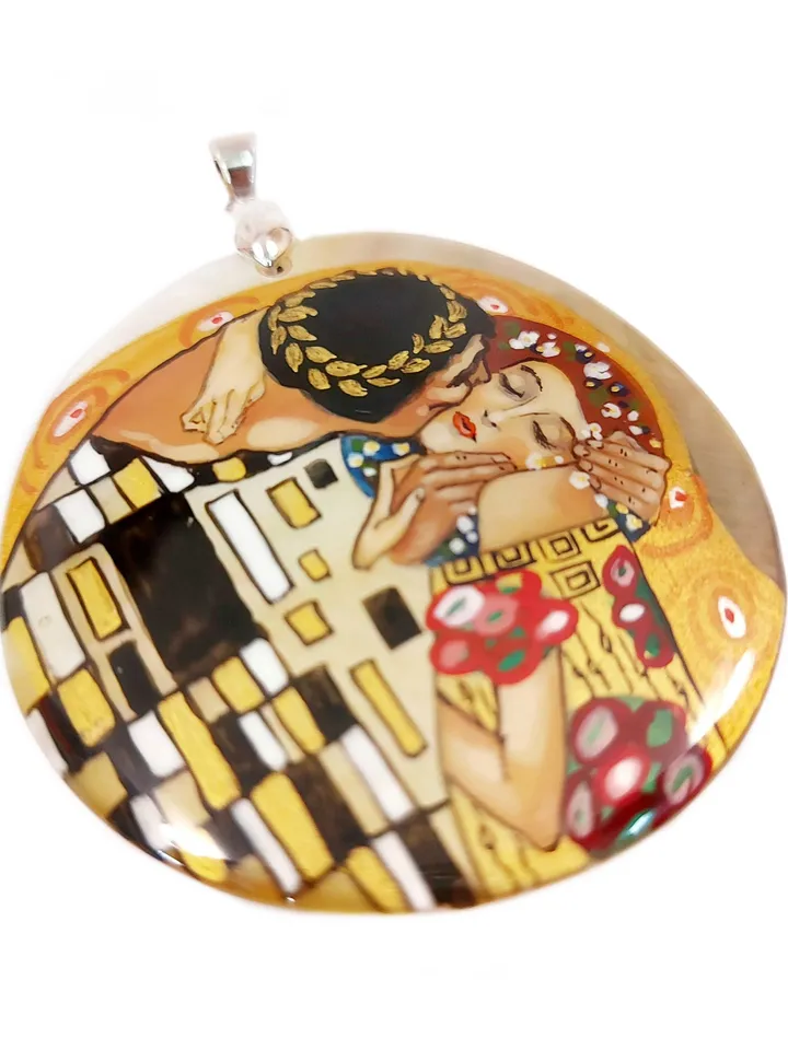 Pearl pendant necklace: The Kiss by Gustav Klimt • Hand painted elegant jewelry • Yellow and orange delicate art necklace for girlfriend