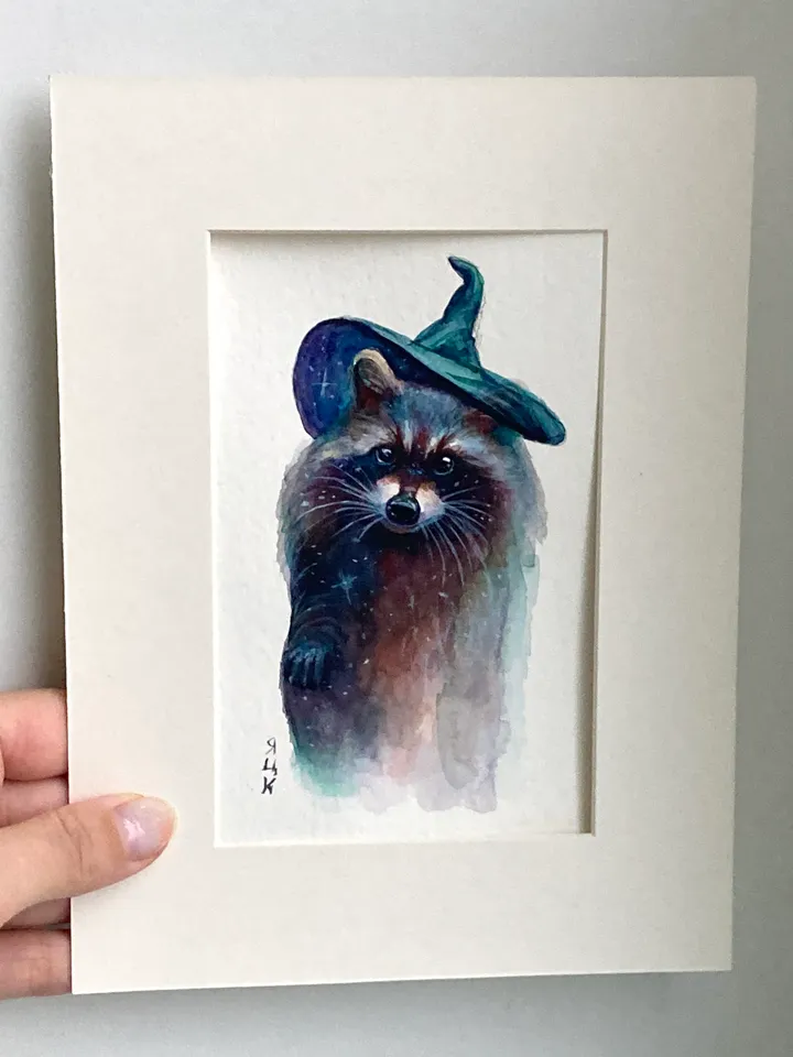 Raccoon Painting Original Watercolor Painting Raccoon Gift Small Animal Art Raccoon Illustration Witch Raccoon