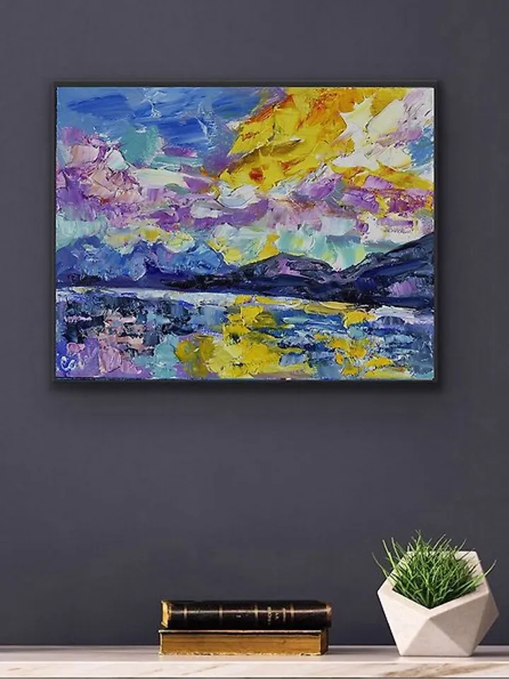 Sunrise Landscape Original Oil Painting Sky Lake Artwork Nature Mountains 油畫原作