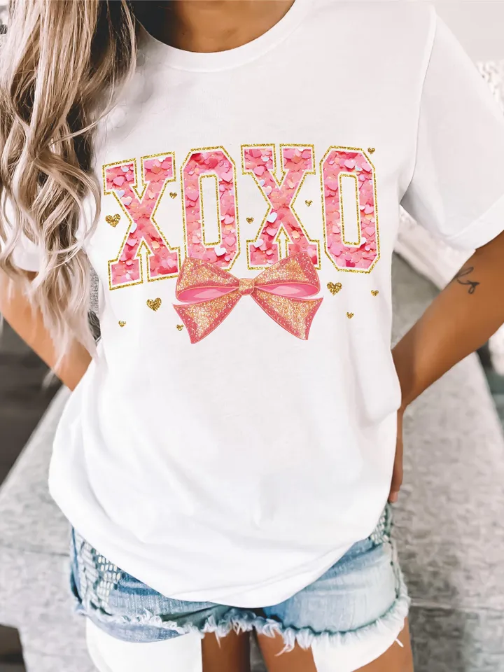 Valentine XOXO Coquette Sparkly Glitter Png, Valentines Day Shirt Design, Valentines Day PNG, Xoxo PNG, Pink Faux Sequins Valentines Png