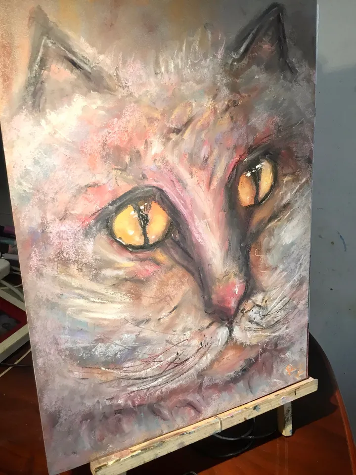 Fluffy cat original soft pastel painting,funny animals wall art,kids room decoration,nursery room painting,pink cat pastel painting,gift.