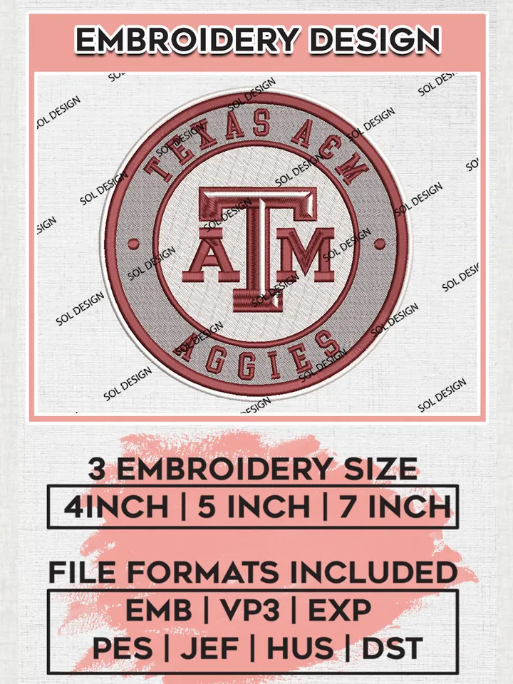 NCAA Texas A&M Aggies Team Round Logo embroidery designs, NCAA Texas A&M Aggies Logo Machine embroidery designs, NCAA Logo embroidery designs, NCAA Lopes Machine embroidery designs, Digital Download