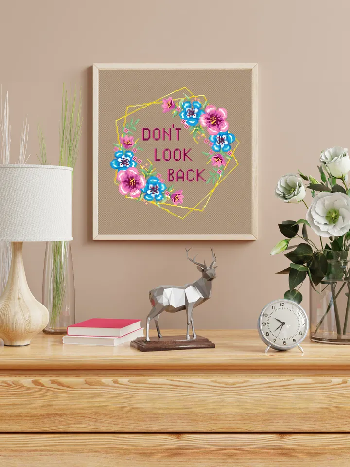 Motivational quote cross stitch pattern Dont look back Instant download PDF, Floral wreath cross stitch chart, Flower border pattern #Q16