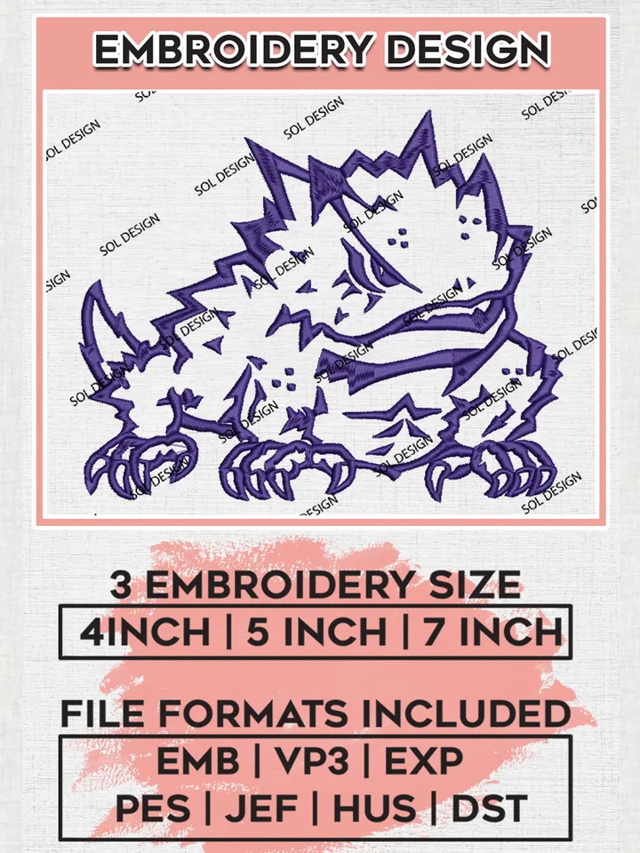 NCAA TCU Horned Frog College Football Team Mascot Logo Embroidery Design Files, NCAA TCU Horned Frog Machine Embroidery, NCAA Teams, Game Day, 3 sizes, NCAA Machine embroidery designs, Digital Download