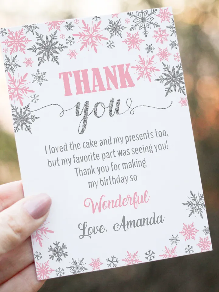 Winter Onederland Thank you card, Winter Onederland Birthday Girl Decorations, Pink Silver Snowflake Note Card