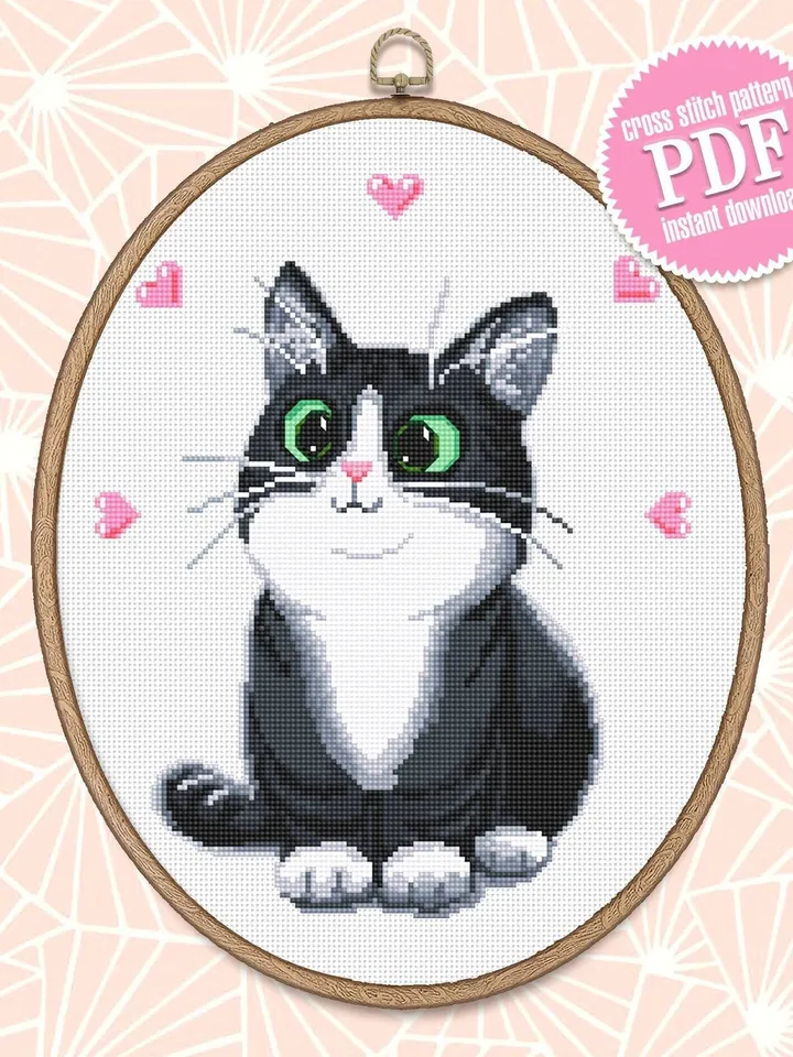 Cute black cat cross stitch pattern download PDF, Animal cross stitch chart, Cat embroidery PDF, Kitten cross stitch, Gift for cat lover #K2