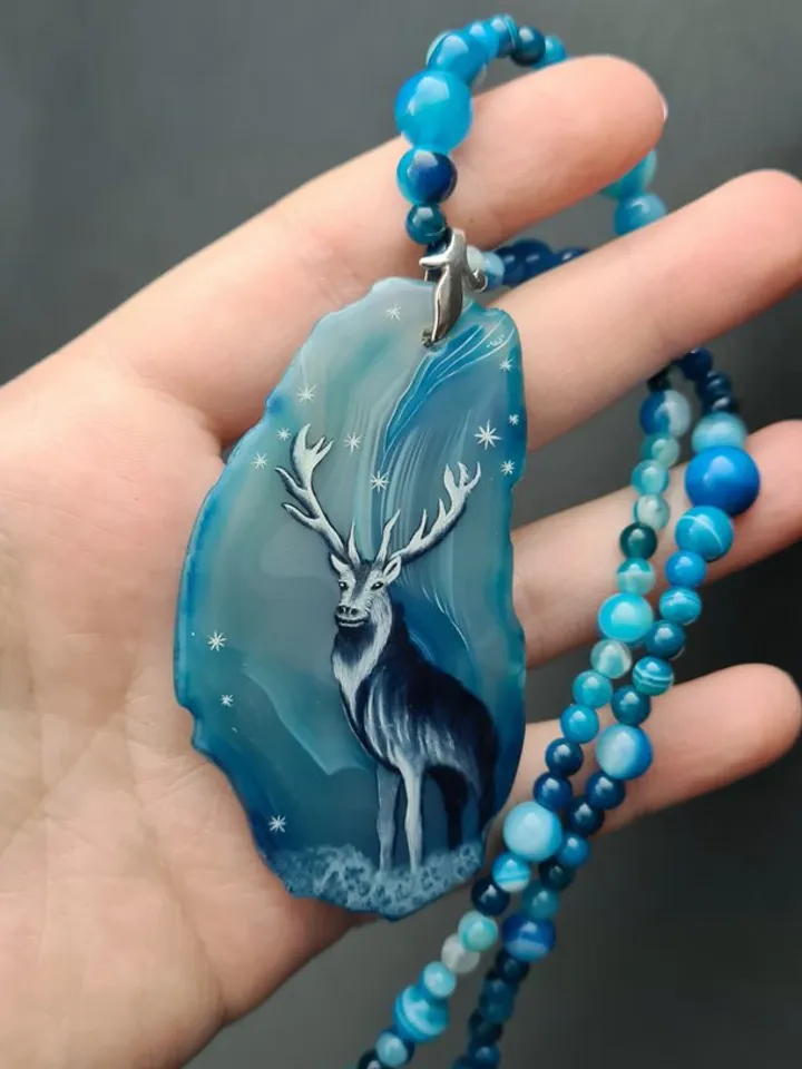 Deer necklace Agate necklace Real oil painting of deer Lacquer miniature