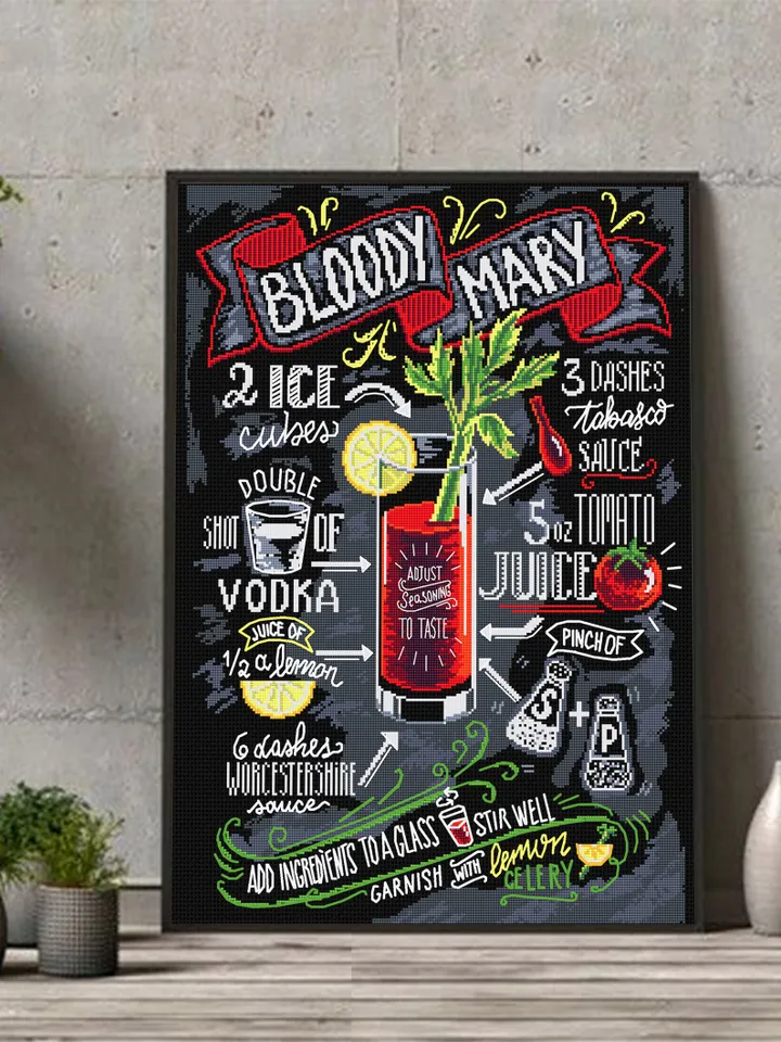 Recipe Bloody Mary cocktail cross stitch pattern PDF download Drink cross stitch chart, Bar decor, Alcohol cocktail pattern digital PDF #F10