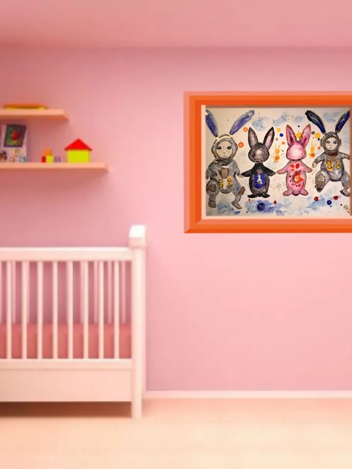 Cosmic bunnies original watercolour and alcohol inks  mix media painting on yupo paper,colourful rabbits wall decoration,unique gift.