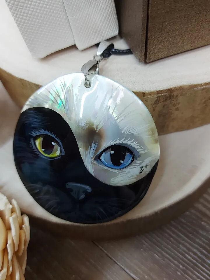 Pendant Mother-of-pearl "Yin-Yang Cat" miniature hand-painted. Russian jewelry. Gift for cat lovers. Hand-painted Necklace. MOP