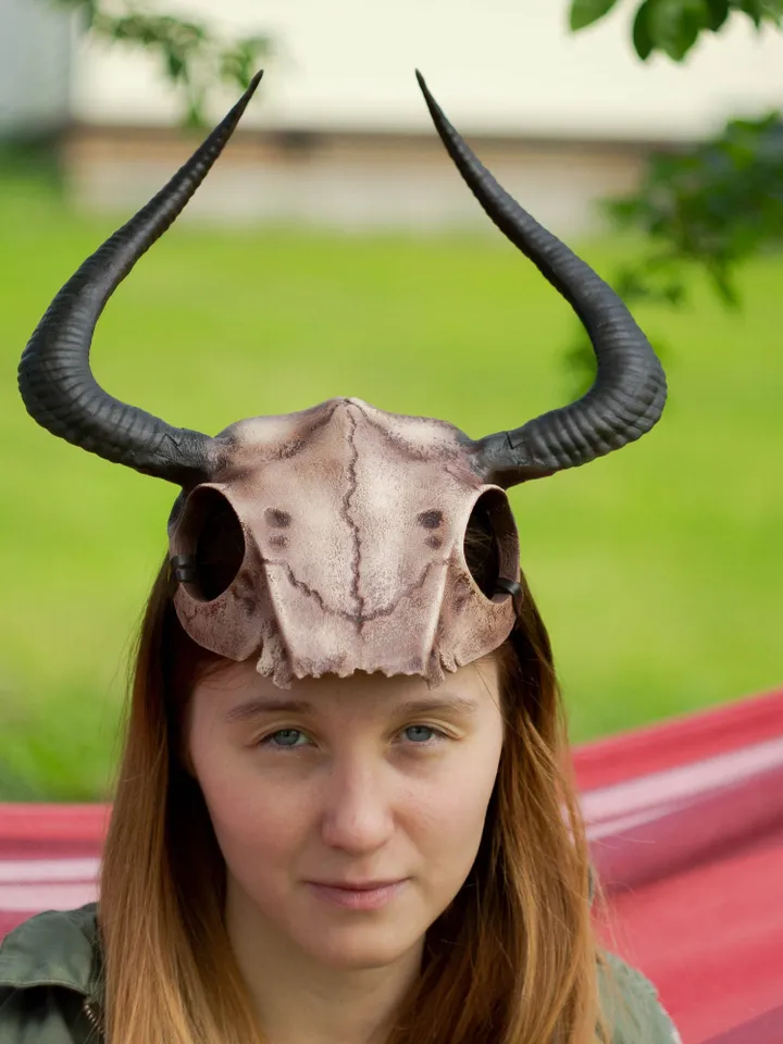 Ram Skull Helmet with Horns, tribal headpiece, skull helmet, Viking skull Mask