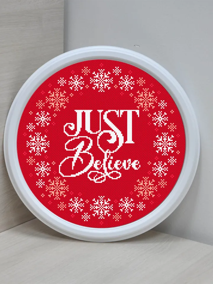 Christmas cross stitch pattern download PDF, Snowflake wreath cross stitch Christmas quotes Just believe, Christmas pattern digital PDF #N43
