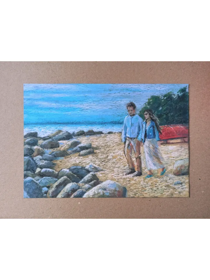 Seascape, Coast, Lovers' walk on the beach, Original oil pastel drawing on A4 kraft paper