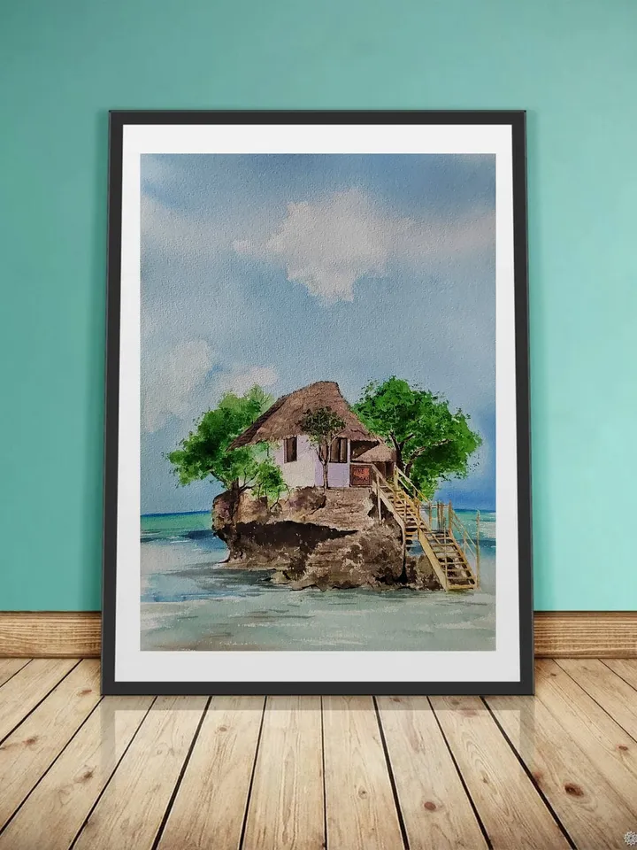 Zanzibar Seascape Painting Restaurant Rock Artwork Original Watercolor Painting White House on the Rock Art 11.81x15.74 in by SoftWaves