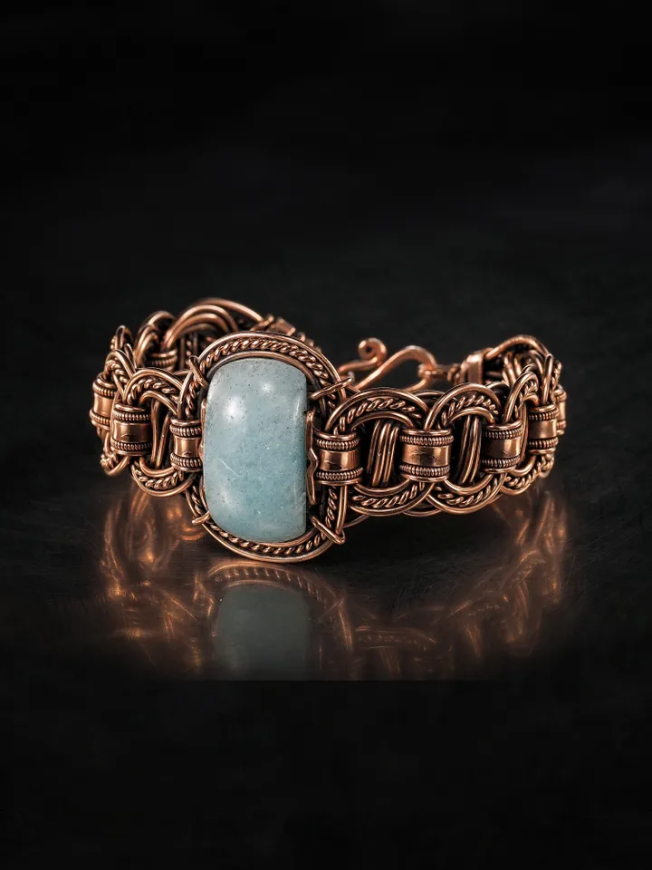 Copper wire wrapped aquamarine bracelet Unique bangle 7th Wedding Anniversary