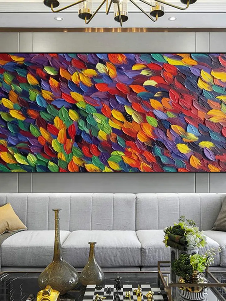 Original Rainbow Impasto Painting, Textured Abstract Art, Colorful Wall Art, 3D Canvas Art, Leaf Painting, Modern Art, Large Wall Decor