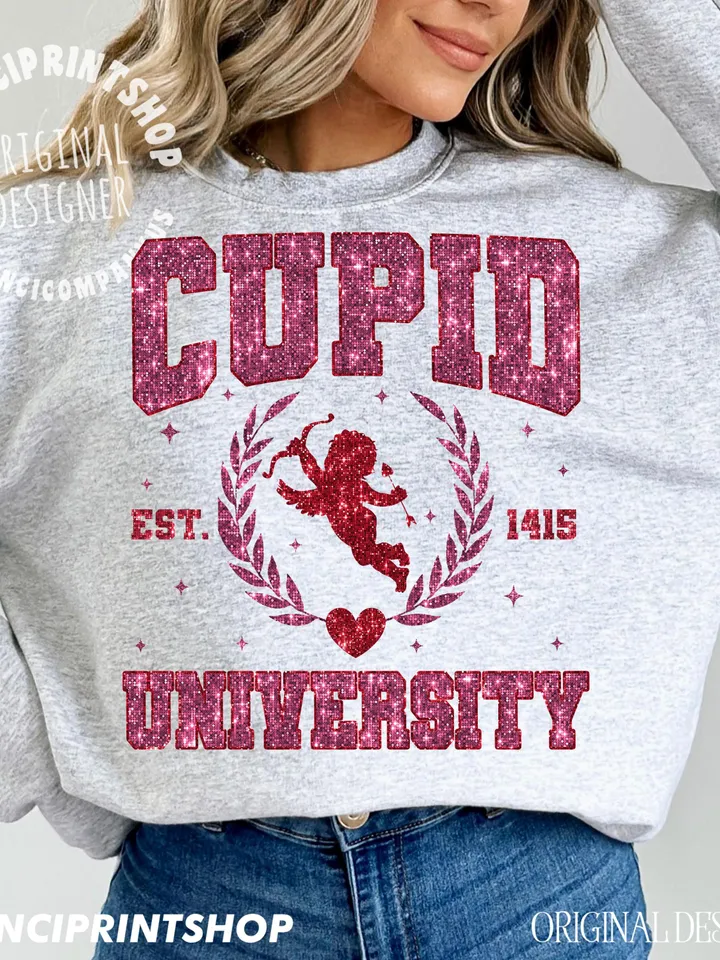 Glitter Cupid University PNG, Valentines Day T Shirt Sublimation, Retro Valentines png, Love Sublimation, Cupid png, Heart png, Valentines