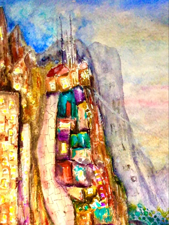 Abstract watercolour painting,original watercolour wall art,fantasy landscape,architecture and cityscape painting.