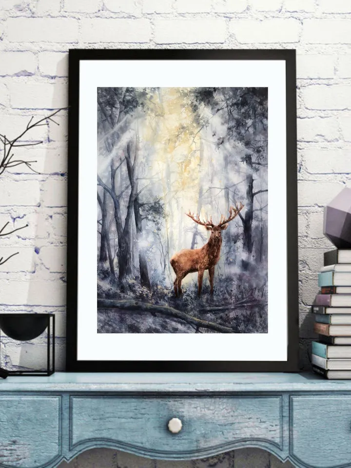 Forest Original Painting Sunset Watercolor Landscape Deer Wall Art