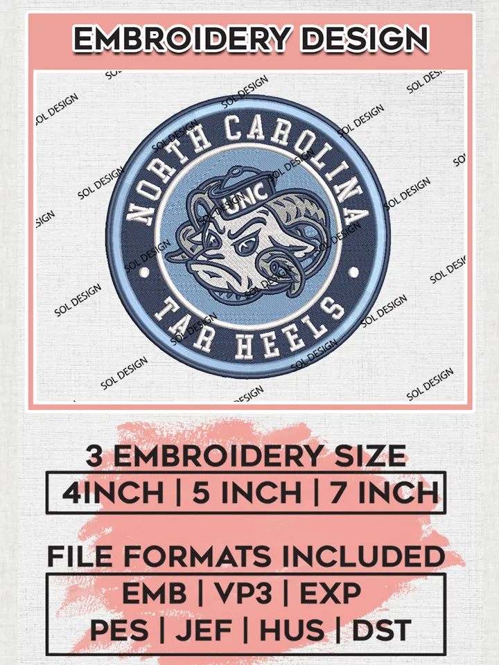 NCAA North Carolina Tar Heels Round Logo Embroidery, NCAA North Carolina Tar Heels Embroidery Design files, NCAA Teams, NCAA Machine embroidery designs, Digital Download