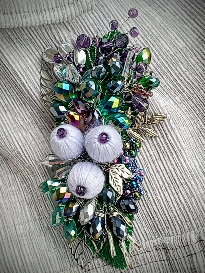 Handmade beaded jacket coat brooch pin berry, huge lapel brooch pin, leaf brooch for women, vegan floral jewelry gift