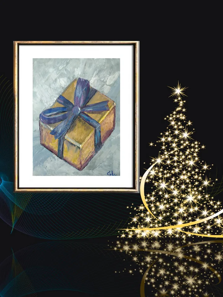 Oil Painting Holiday Gift Box with Blue Bow Original Art Cardboard 10x7 Inch