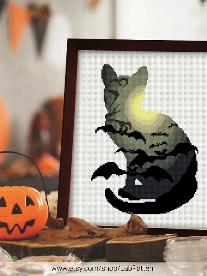 Cat Silhouette Bat Cross stitch pattern | Embroidery Pattern | Instant Download | Embroidery Designs