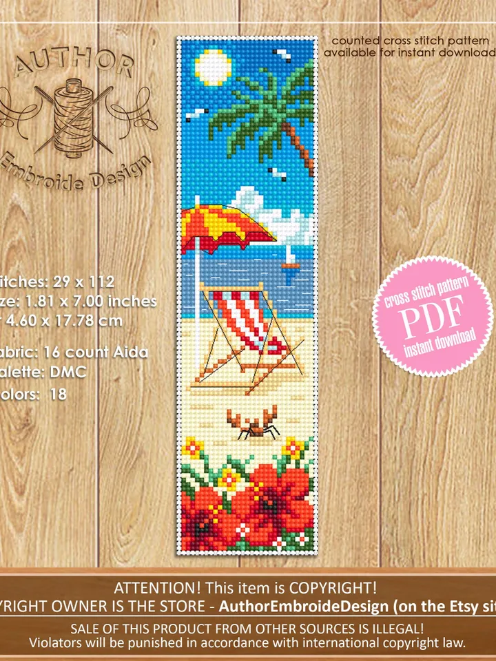 Beach bookmarks cross stitch pattern PDF download Summer cross stitch chart, Summer bookmark set pattern digital PDF Beach life Hawaii #B436