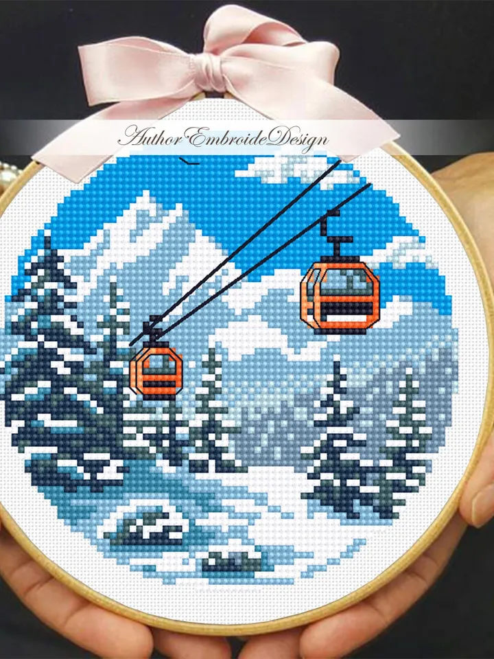 Winter landscape cross stitch pattern PDF download Ski lift gondola cross stitch, Small snow pattern digital PDF, Mountain landscape #L94