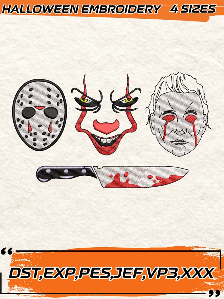 Retro Halloween Horror Embroidery Design,Halloween Embroidery Design,4 Sizes, Digital Download