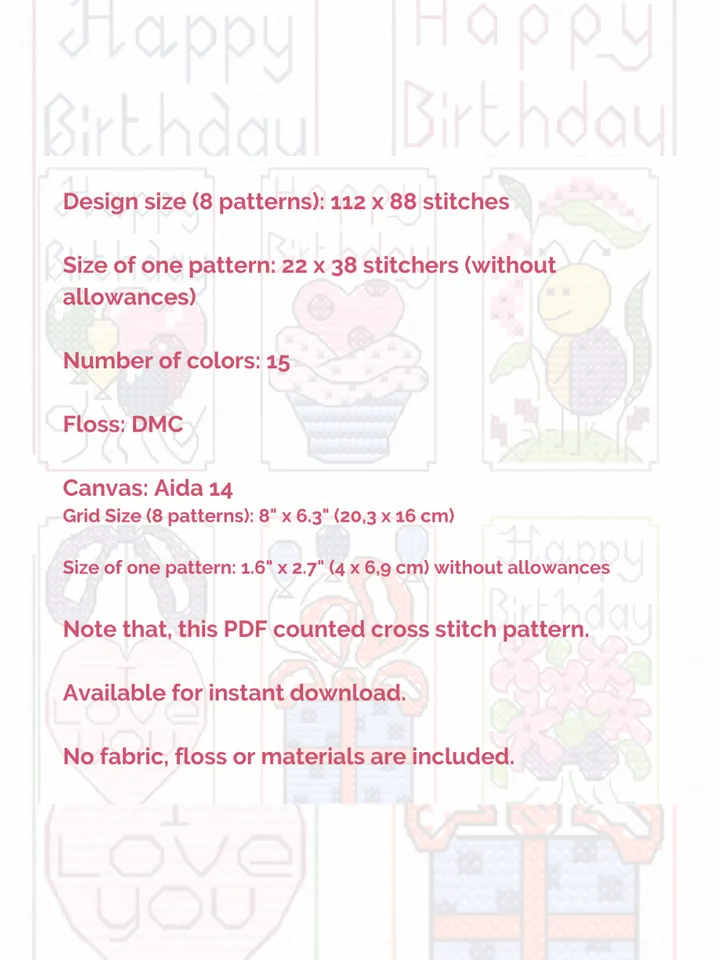 Set of 8 mini cross stitch patterns Happy Birthday, tiny cross stitch charts PDF