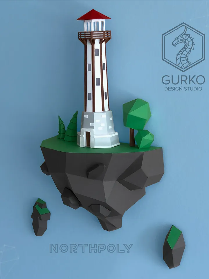 Papercraft Flying Island. Lighthouse, Digital Template, PDF Download, Gurko, 3D Low Poly, Pepakura, DIY Origami Sculpture, Paper Decor, Gift