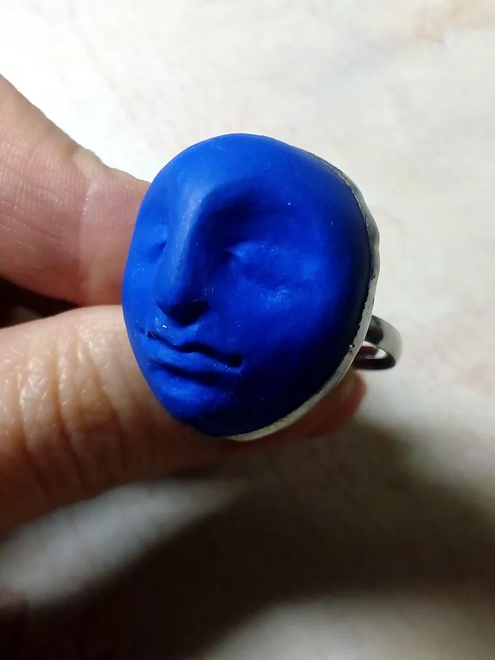 Blue moon clay ring, face moon Goddess ring, Halloween witchy ring,  Samhein bijouterie