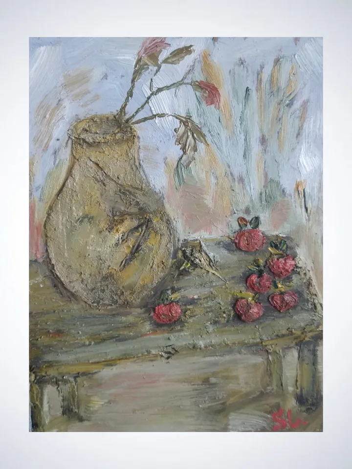Oil painting with autumn apples and jug on table in garden, original painting on cardboard 10x7 inches
