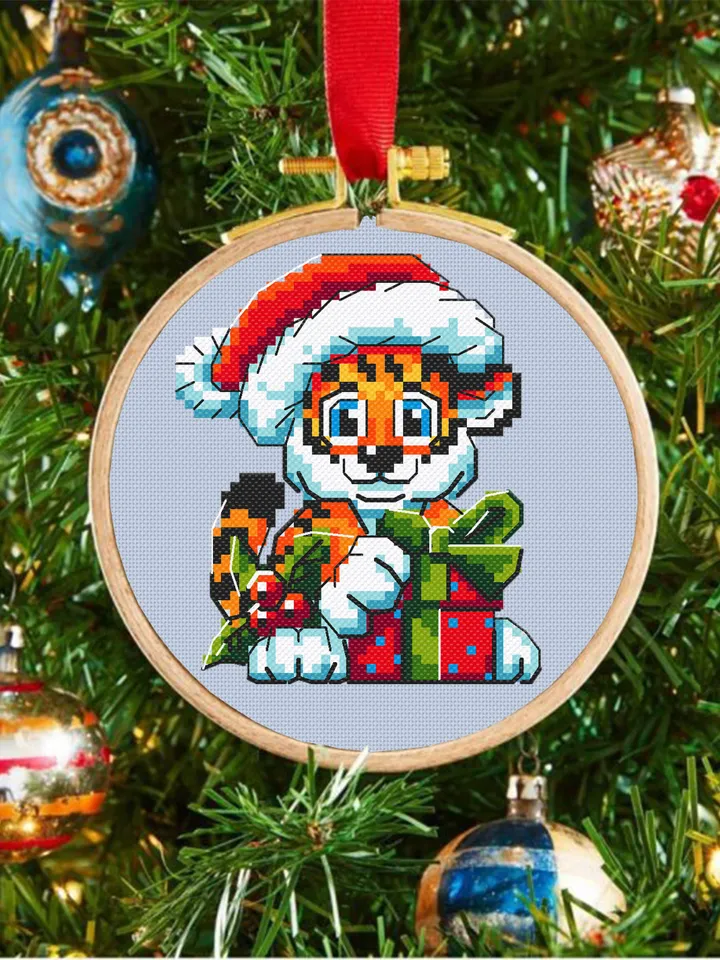 Cute Christmas tiger cross stitch pattern download PDF Small Christmas pattern digital Quick cross stitch chart Baby animal embroidery #N28
