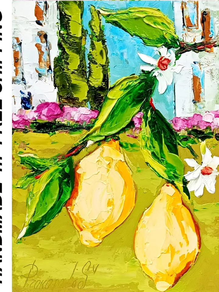 Lemon Tree Painting Courtyard Original Art Impasto Oil Painting Italian Landscape mall Art Unique Original Oil Painting Modern Art 7x5