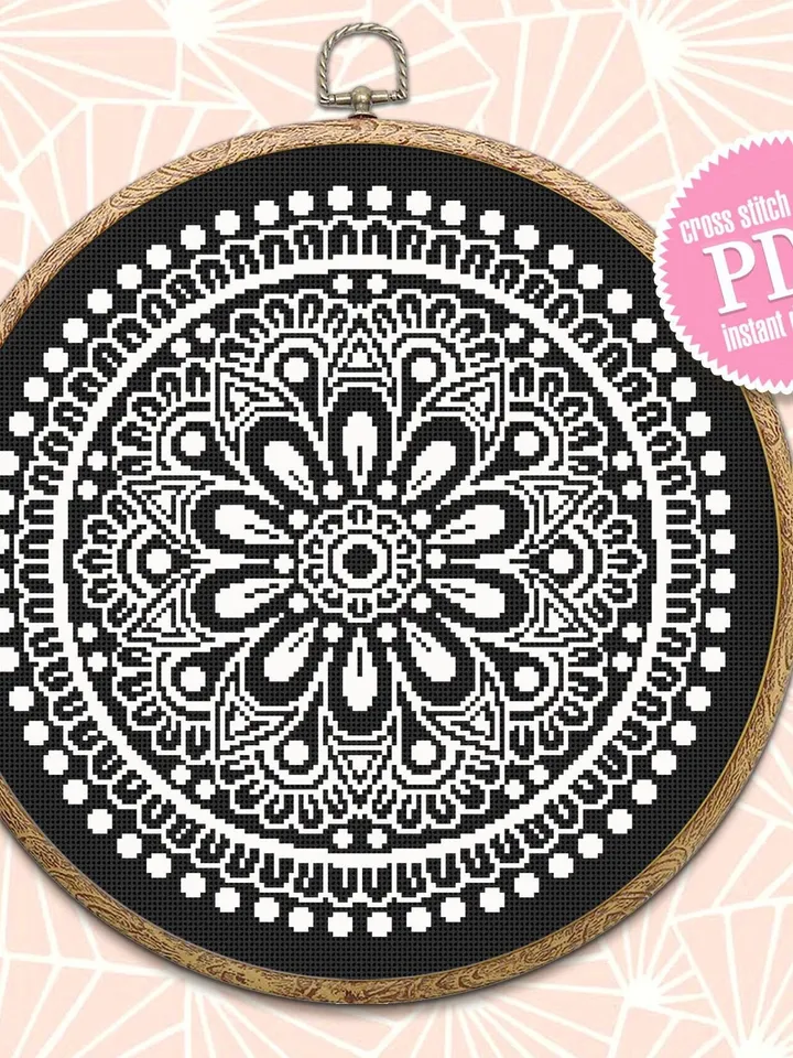 Flower mandala cross stitch pattern download PDF Simple mandala digital Easy monochrome cross stitch circle Modern cross stitch chart #M157