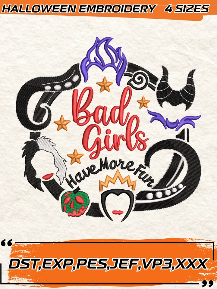 Halloween Villains Embroidery Designs, Bad Girls Have More Fun, Scary Horror Villains Wicked Digital Embroidery, 4 Sizes, Digital Download