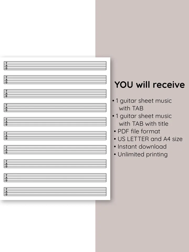 Printable guitar tab paper. Blank guitar tab printable. Guitar tablature paper. Blank guitar music sheet with TAB clef