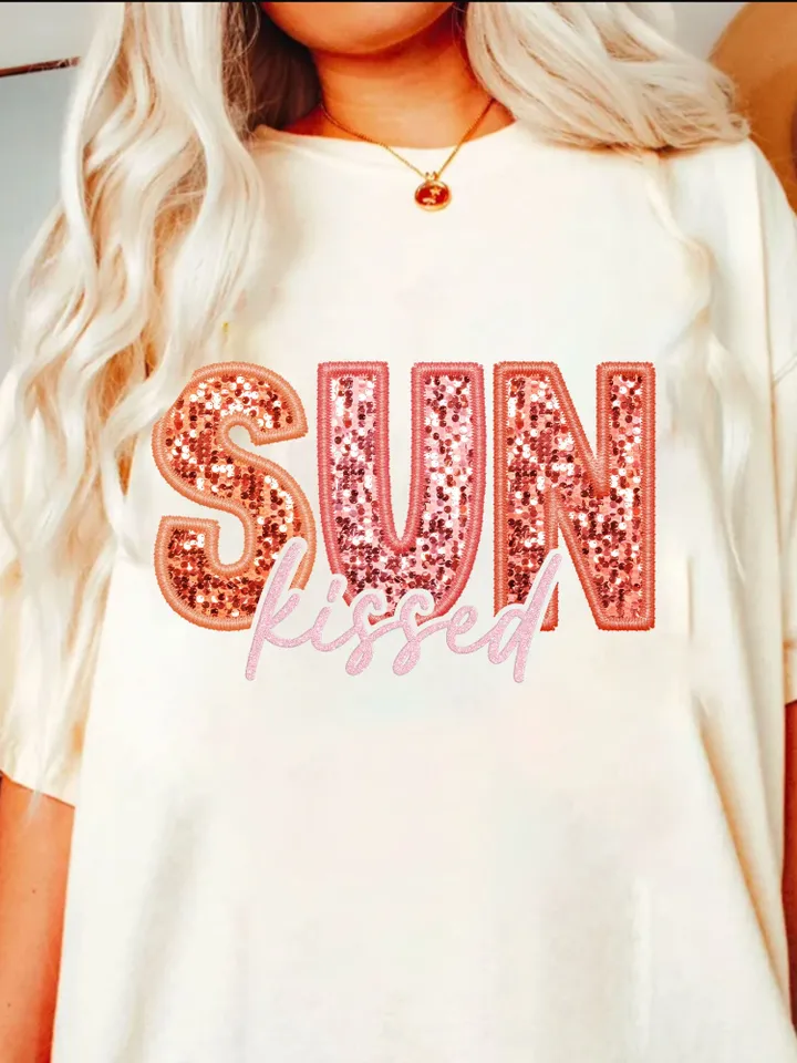 Sunkissed PNG Faux Sequins Embroidered Letters Springbreak Shirt Design Sunshine Shirt Design Here summer png, boho png,retro sublimation
